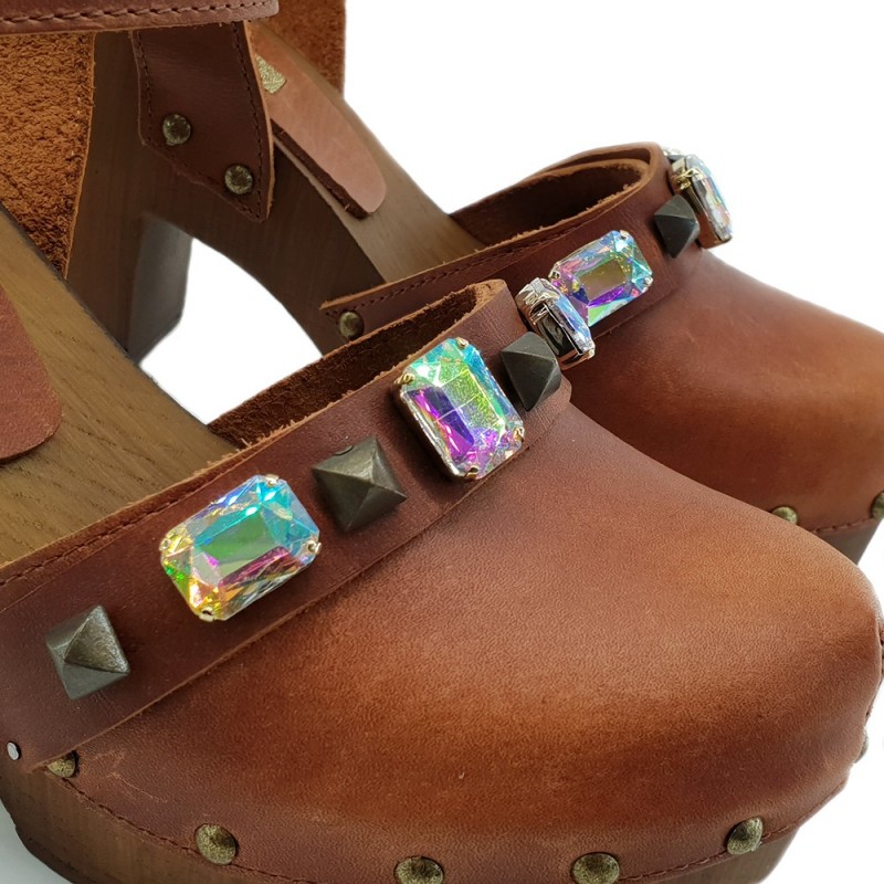 LEATHER HEEL CLOGS WITH STRASS