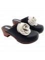 BLACK LEATHER CLOGS WITH FLOWER