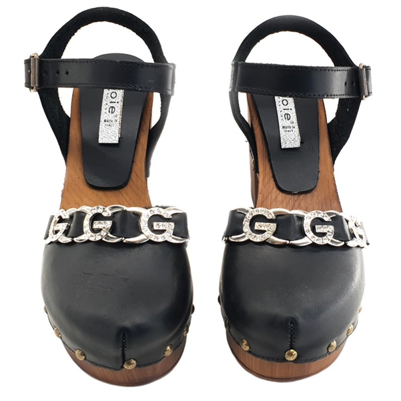 BLACK LEATHER CLOGS WITH ANKLE STRAP