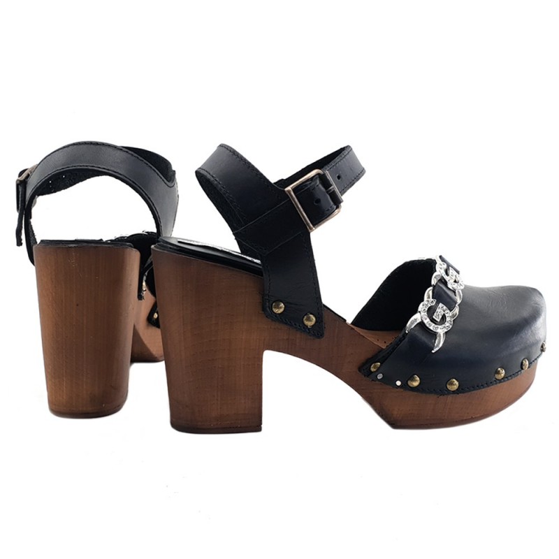 BLACK LEATHER CLOGS WITH ANKLE STRAP