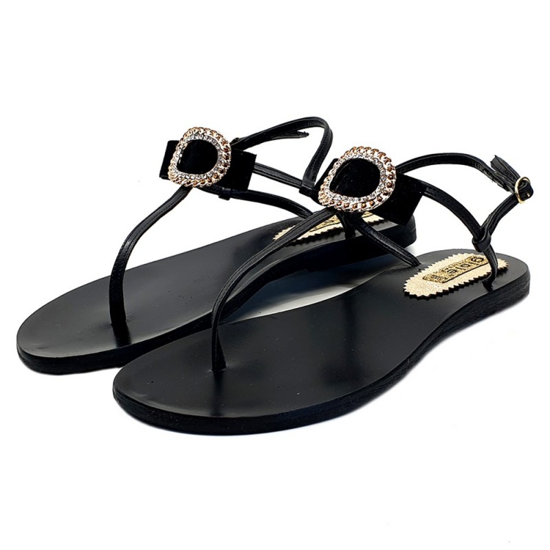 BLACK FLAT SANDALS WITH JEWEL ACCESSORY