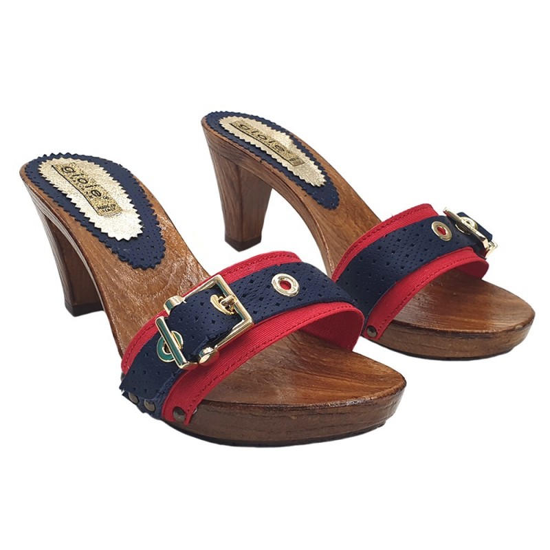 RED AND BLUE HEEL CLOGS