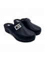 BLACK LEATHER CLOGS WITH JEWEL ACCESSORY