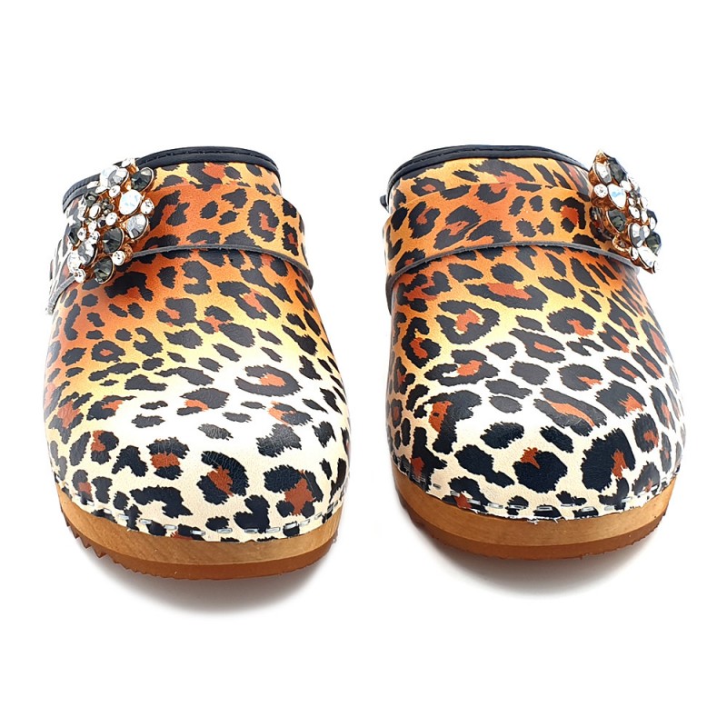 LEATHER SWEDISH LEOPARD CLOGS WITH ACCESSORY HEEL 5