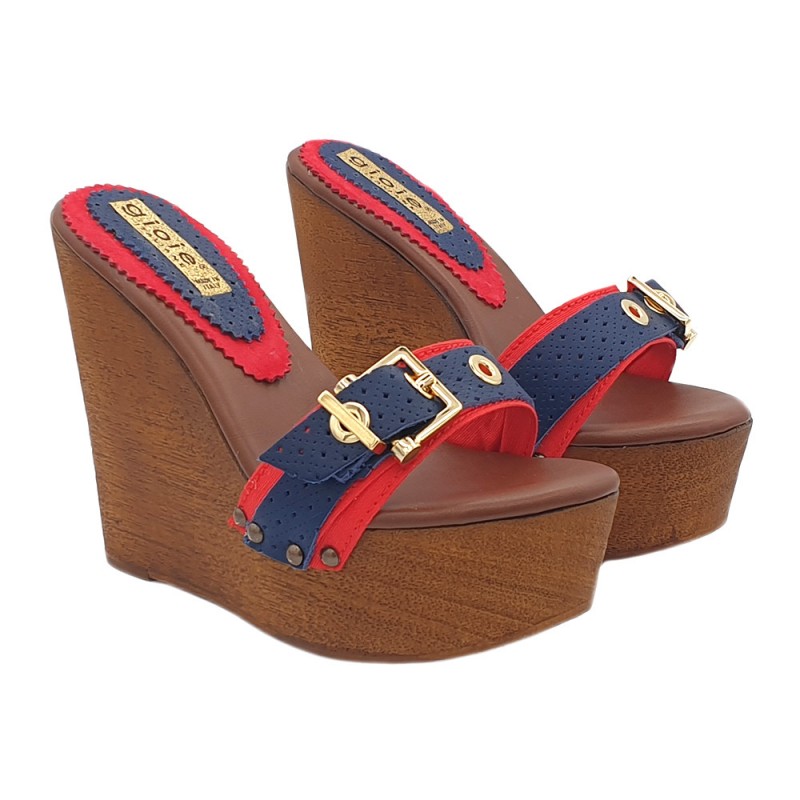 RED AND DENIM WEDGE CLOGS