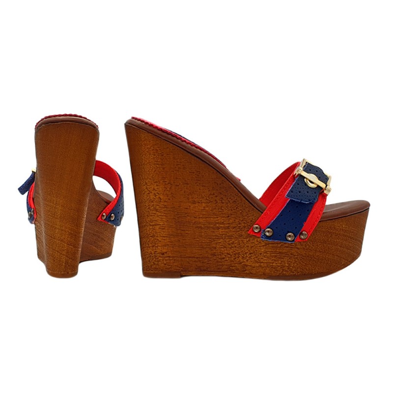 RED AND DENIM WEDGE CLOGS