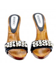 CLOGS WITH BLACK LEATHER BANDS AND JEWEL STONES