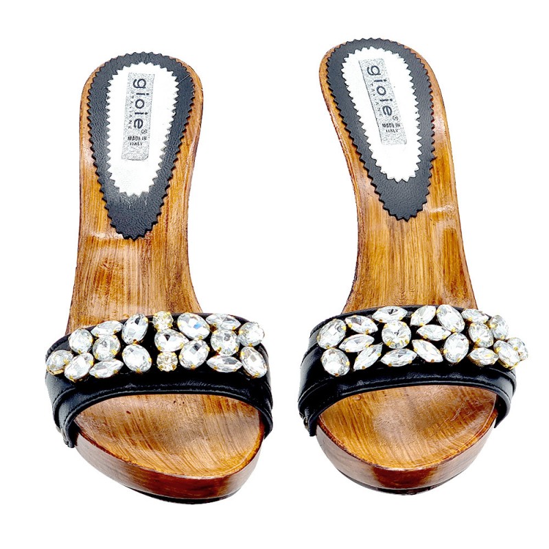 CLOGS WITH BLACK LEATHER BANDS AND JEWEL STONES