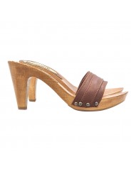 CLOGS WITH DOUBLE BAND IN BROWN LEATHER AND HIGH HEEL
