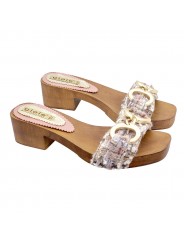 CLOGS WITH PINK BRAIDED BAND AND JEWEL ACCESSORY