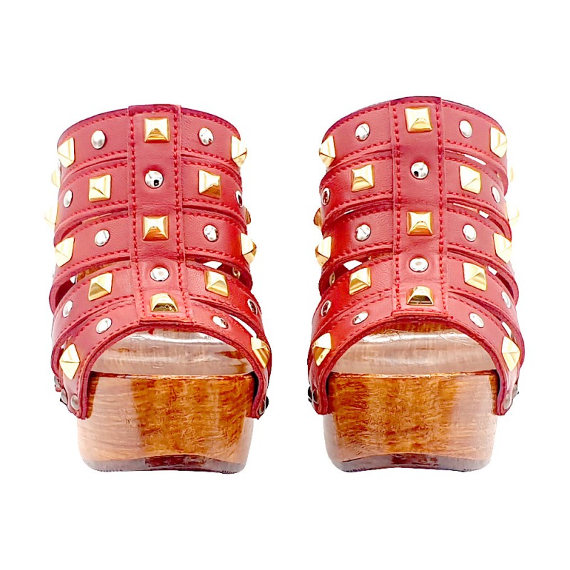 CLOGS WITH RED COCCIO BANDS AND GOLDEN STUDS