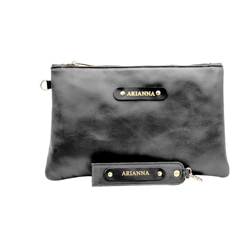 CUSTOMIZABLE BLACK LEATHER CLUTCH WITH HAND HOLDER