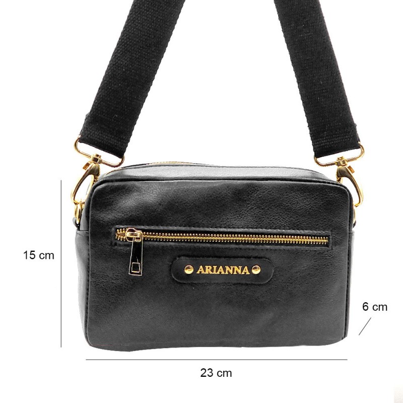 CUSTOMIZABLE BLACK LEATHER BAG WITH SHOULDER STRAP