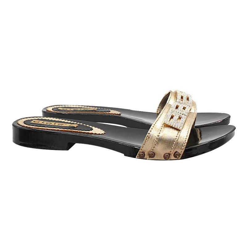 LOW BLACK CLOGS WITH GOLD BAND WITH RHINESTONES