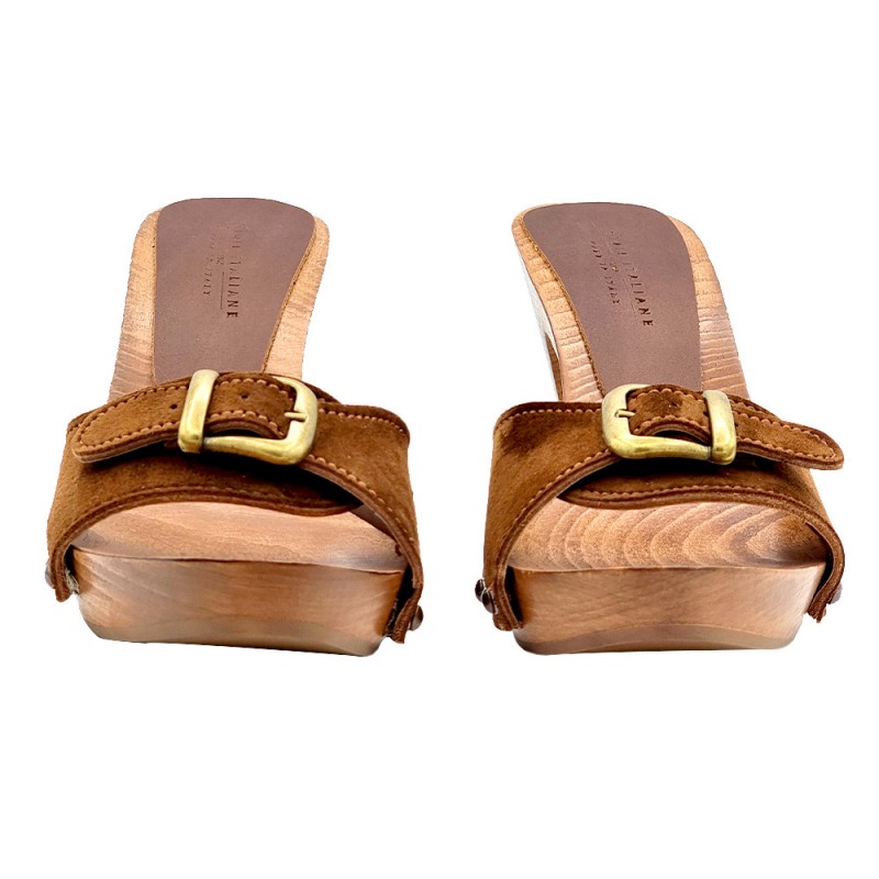 BROWN SUEDE CLOGS WITH BUCKLE