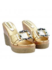 PLATINUM COLOR LEATHER WEDGES WITH JEWEL APPLICATION