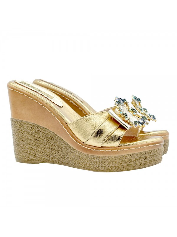 PLATINUM COLOR LEATHER WEDGES WITH JEWEL APPLICATION
