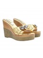 GOLDEN WEDGE SANDALS WITH BUTTERFLY JEWEL ACCESSORY