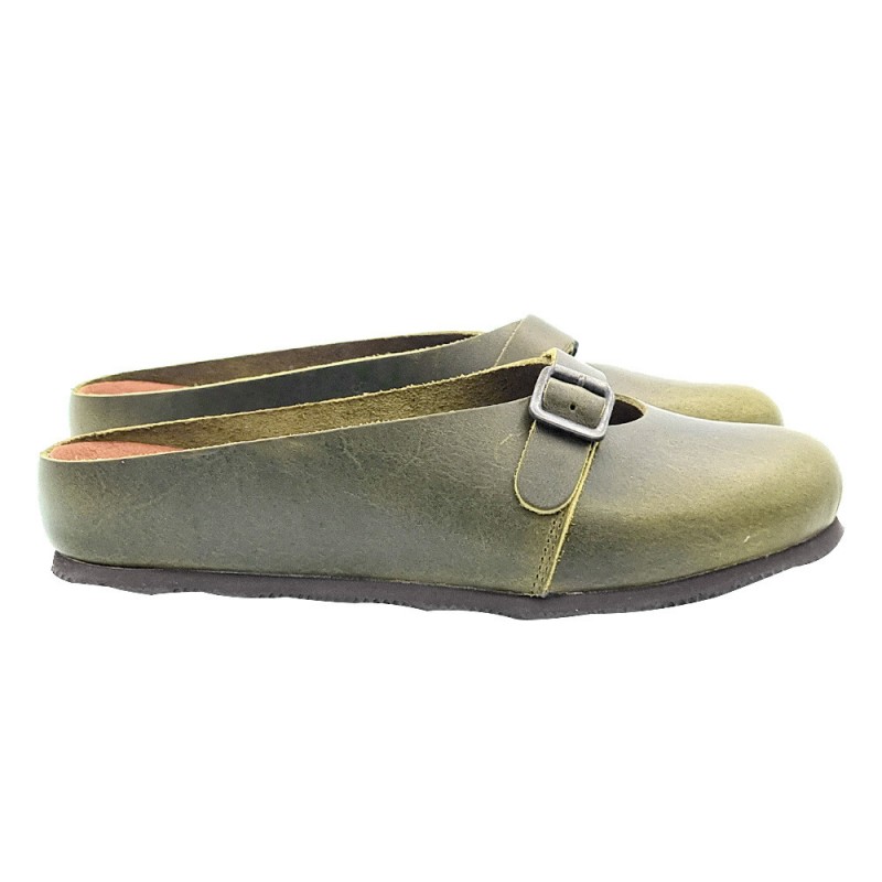OLIVE GREEN LOW SABOT IN LEATHER WITH BUCKLE