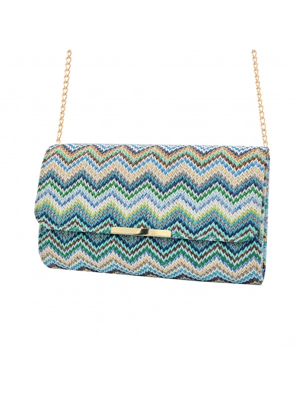 BLUE STRAW CLUTCH WITH GOLD CHAIN