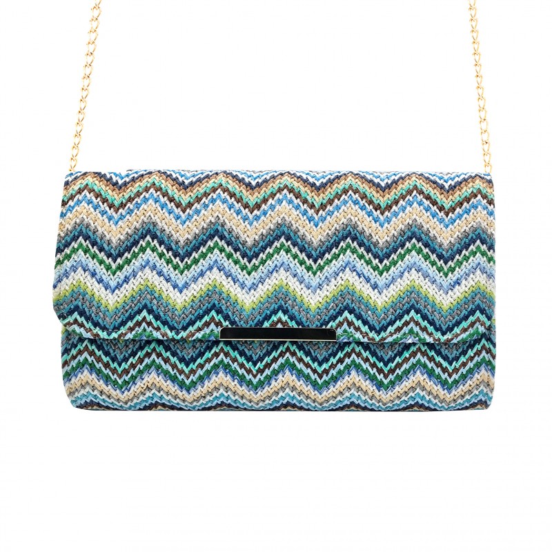 BLUE STRAW CLUTCH WITH GOLD CHAIN