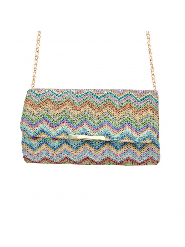 MULTICOLOR CLUTCH IN STRAW WITH GOLD CHAIN