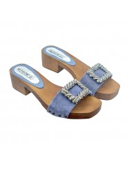 CLOGS IN BLUE SUEDE WITH JEWEL ACCESSORY