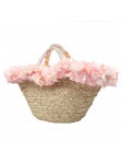 WICKER BAG WITH PINK FLOWERED EDGE
