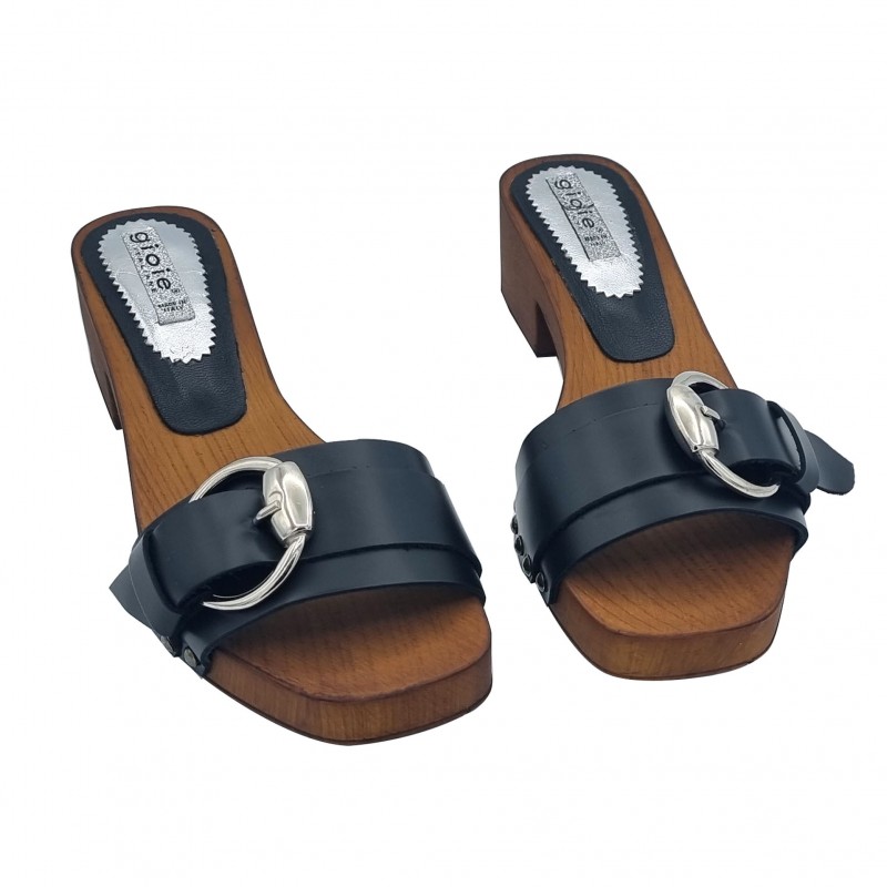 BLACK CLOGS WITH GOLD BUCKLE