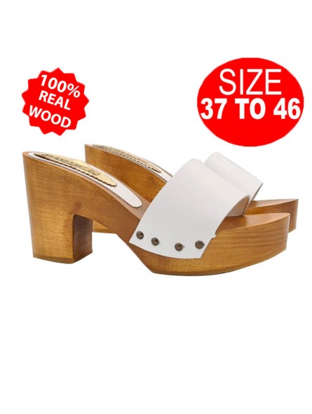 COMFORTABLE WHITE WOODEN MULES WITH LEATHER BAND