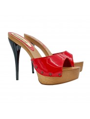 WOODEN CLOGS WITH RED PATENT LEATHER BAND