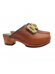 BROWN SWEDISH CLOGS WITH JEWEL ACCESSORY