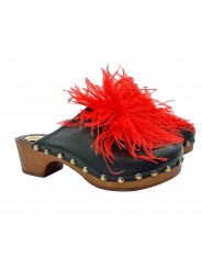 COMFORTABLE SWEDISH CLOGS IN BLACK LEATHER WITH RED FEATHERS
