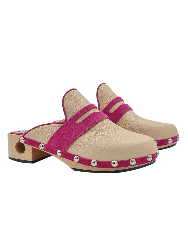 WOODEN CLOGS WITH TWO-COLOR UPPER