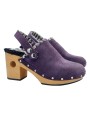CLOSED WOODEN MULES IN PURPLE SUEDE