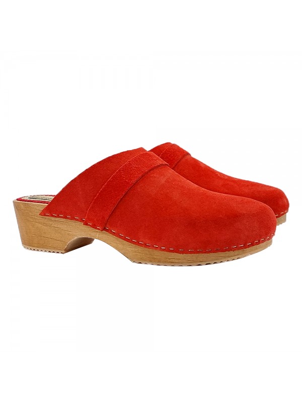 COMFORTABLE WOODEN CLOGS IN RED SUEDE