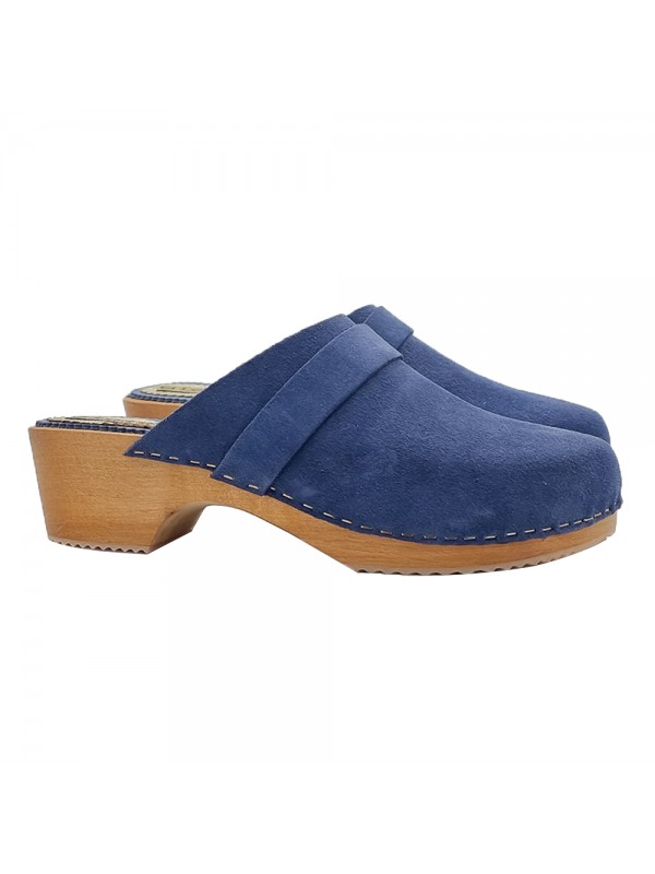 COMFORTABLE WOODEN CLOGS IN BLUE SUEDE