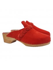 CLOGS IN CORAL RED SUEDE WITH BRAIDED STRAP