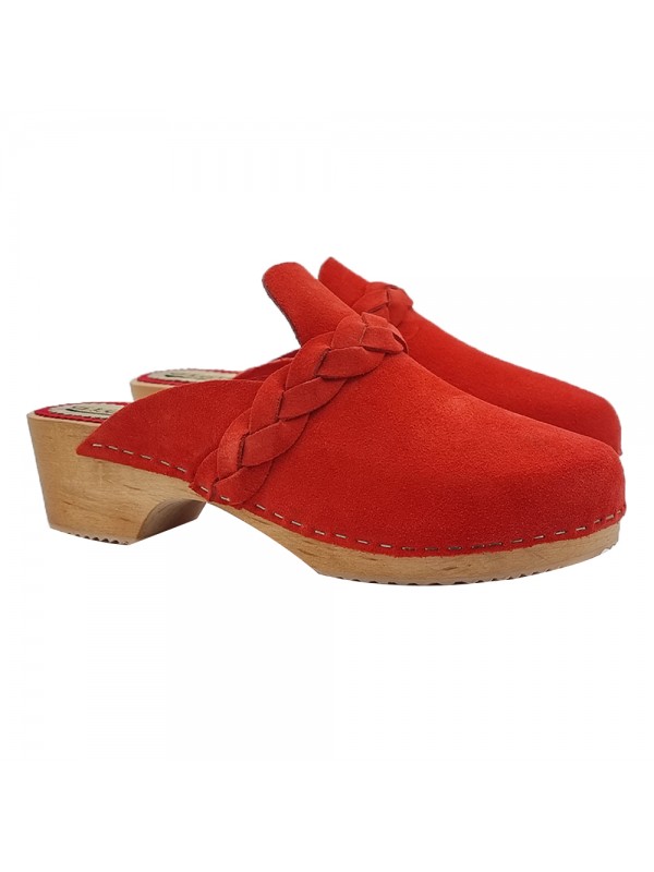 CLOGS IN CORAL RED SUEDE WITH BRAIDED STRAP