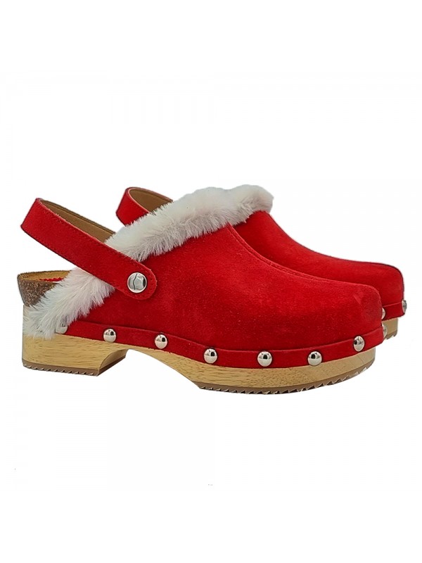 RED CLOGS IN COMFORTABLE SUEDE WITH FUR