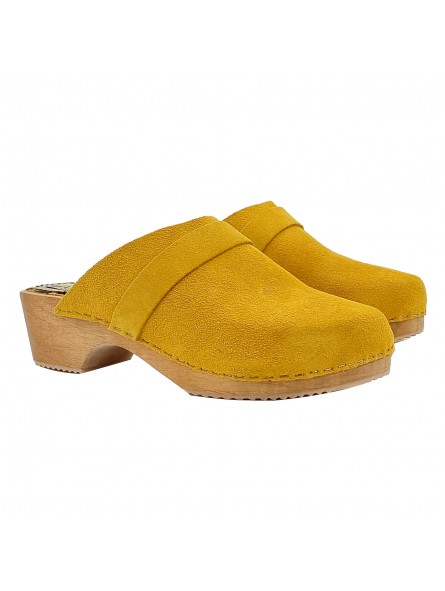 COMFORTABLE WOODEN CLOGS IN YELLOW SUEDE