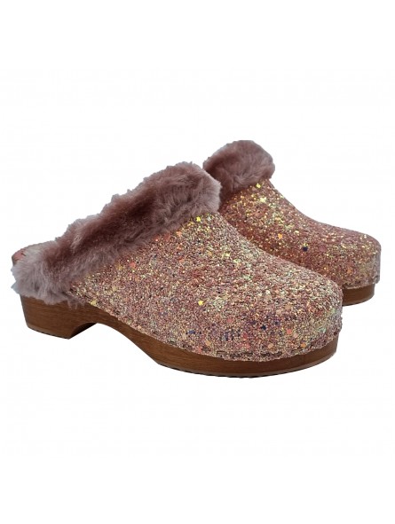 GIRLS PINK GLITTER CLOGS WITH FUR