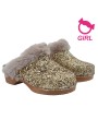 GIRLS' GOLD GLITTER CLOGS WITH FUR