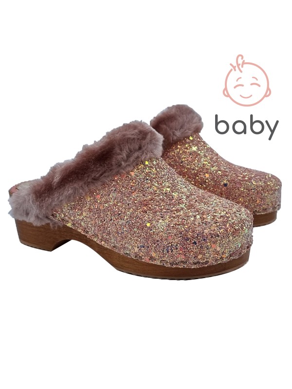 GIRLS PINK GLITTER CLOGS WITH FUR