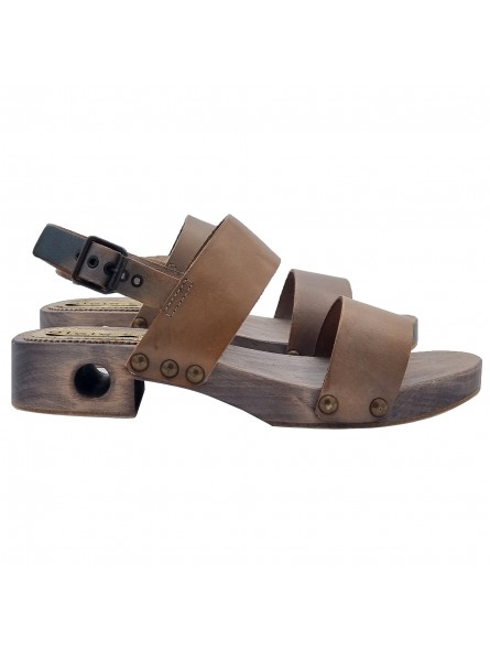 TAUPE LEATHER SANDALS WITH LOW HEEL