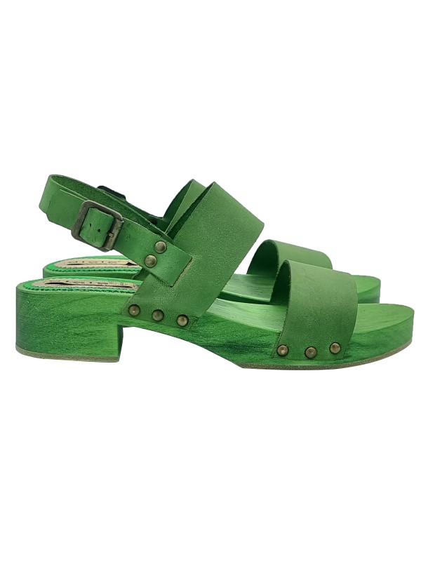 SANDALS IN GREEN LEATHER WITH COMFORTABLE HEEL