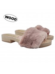 LOW WOODEN CLOGS WITH PINK FUR