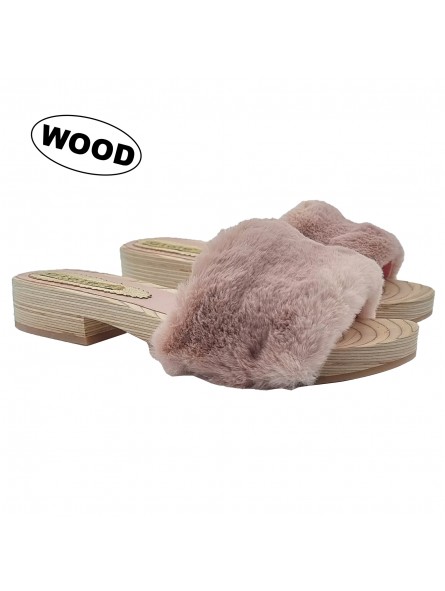 LOW WOODEN CLOGS WITH PINK FUR