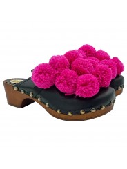 BLACK DUTCH CLOGS IN LEATHER WITH FUCHSIA DETAILS