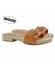 LEATHER COLORED WOODEN CLOGS WITH ACCESSORY